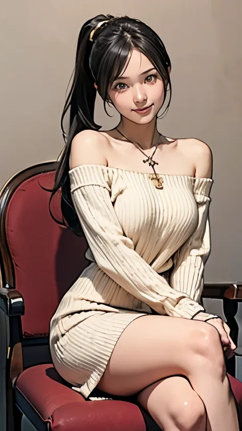 1 girl、A cute girl wearing an off-shoulder knit dress is sitting on an antique-style chair.、baby face、cross your legs、Beautiful black hair tied into a ponytail、Staring at me with a charming smile、Slender but big breasts、beautiful skin、Off-shoulder knit dre...