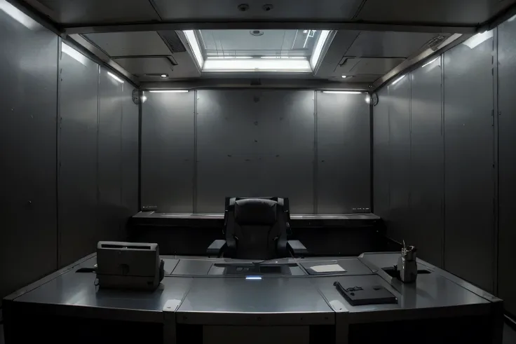 Star Wars, the office of the main administrator of a space station, ((it has rough metal walls and a window showing black outer space)), (((it has a single large metal desk with a computer)))