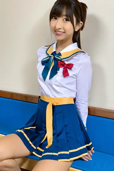 Asian woman in uniform sitting on a bench, JK uniform, wearing japanese school uniform, japanese girl uniform, japanese school uniform, wearing いる, wearing , (((ＢCup Chest)))、(((I&#39;thin)))、cute woman 24 years old、
(((small breasts)))、(((thin)))、(((8 lif...