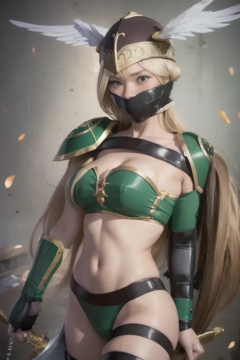 perfect cosplay,(masterpiece, highest quality:1.2), cowboy shot, alone, 1 girl, water valkyrie, No expression, closed mouth, looking at the viewer, sword and shield, single blade, winged helmet, 装甲ドレスsleeping face,close ~ eye,face of suffering,sky face,sle...