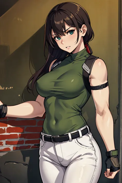 masterpiece, best quality:1.2), expressive eyes, perfect face, highres, 1 girl, solo, (female:1.5), chris redfield, green taut shirt, white pants, fingerless gloves, belt, standing, portrait, looking at the viewer,