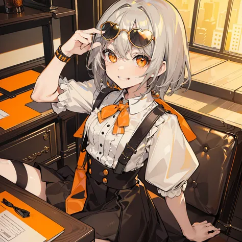 table top,very detailed,1 girl,alone,gray hair、wavy hair、short hair,orange eyes,,sunglasses,black socks,オレンジ色のsunglasses、sit on the desk stairs、defiantly、orange motif、Saucy、smug face、grin、Looking from above