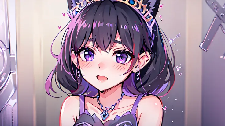 purple eyes, purple dress, pretty girl, anime style, foxgirl, skinny, short black hair, 8k, hi-res, black collar, earrings, cute...