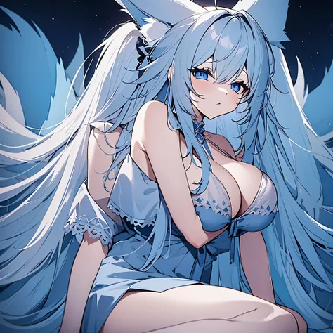 A woman wearing a blue dress, long pastel blue hair, kitsune ears, kitsune tail, multi tail, sleepy face, blue eyes, on a mountain at night with a half moon, ultra quality, high resolution, masterpiece, very detailed, 4k hd.
