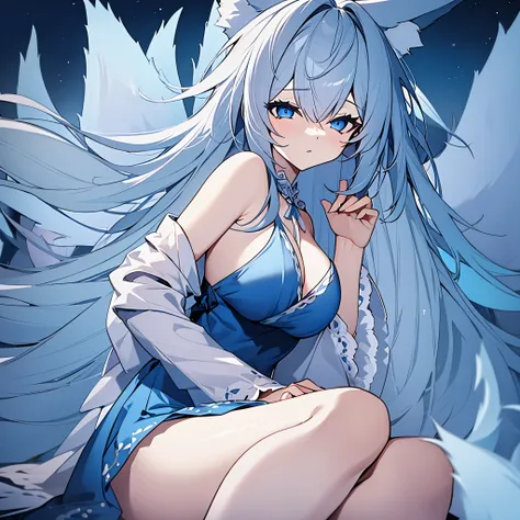 A woman wearing a blue dress, long pastel blue hair, kitsune ears, kitsune tail, multi tail, sleepy face, blue eyes, on a mountain at night with a half moon, ultra quality, high resolution, masterpiece, very detailed, 4k hd.
