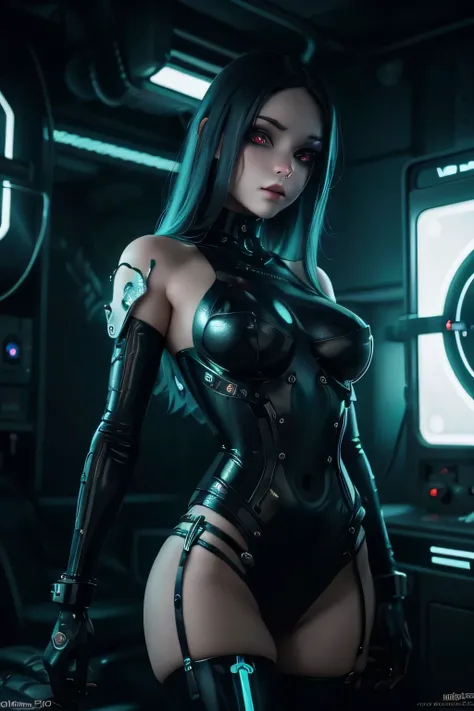 A hauntingly captivating retro-futuristic macabre siren, her porcelain skin marred with cybernetic implants and neon circuitry. This anime character is depicted in a hyper-realistic digital painting, showcasing her mesmerizing blend of beauty and mechanica...