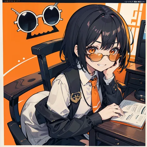 table top,very detailed,1 girl,alone,wavy hair、short hair,orange eyes,,sunglasses,black socks,オレンジ色のsunglasses、sit at the desk、defiantly、orange motif、Saucy、smug face、grin、Looking from above、gray hair、lively girl、President&#39;s desk and sofa、カラーsunglassesを...