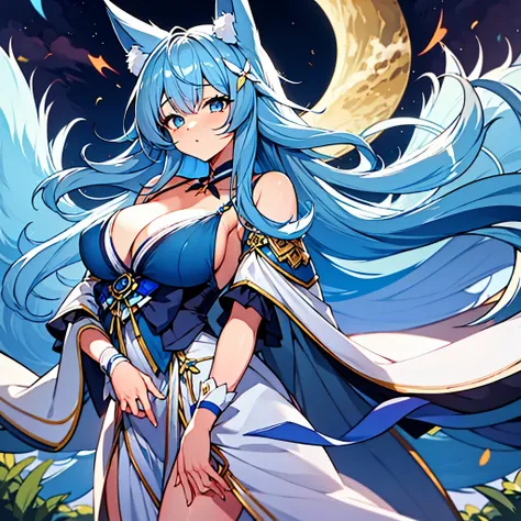 A woman wearing a blue dress, long pastel blue hair, kitsune ears, kitsune tail, multi tail, sleepy face, blue eyes, on a mountain at night with a half moon, ultra quality, high resolution, masterpiece, very detailed, 4k hd.
