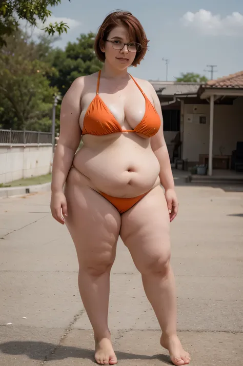 Pageboy haircut Velma Dinkley short red hair glasses red blushing freckled face soft fat baby face oily shiny skin standing up full body from head to toes shown extremely obese body and belly orange bikini  feet toes are shown 