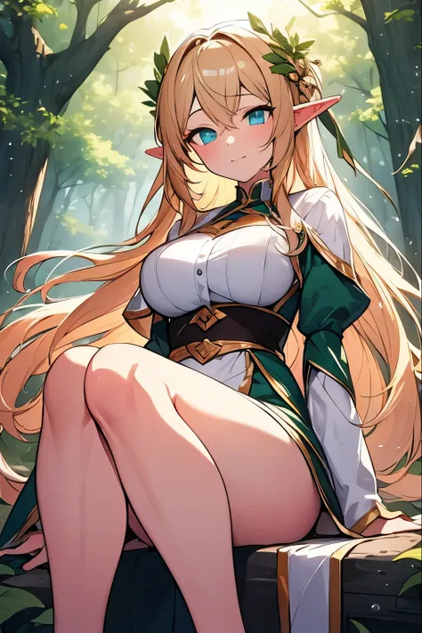 masterpiece,high resolution,best quality,elf,1girl is blond long hair,blond hair,light green eyes,medium breasts,4fingers and 1thumbs,looking up at viewer,pigeon toed,feet out of frame,simple background