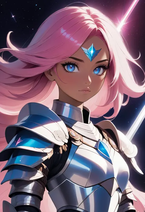 A warrior woman, the aesthetic is galactic, her eyes are pink and her hair is medium and strong blue, she has white armor with shiny dura and a legendary sword