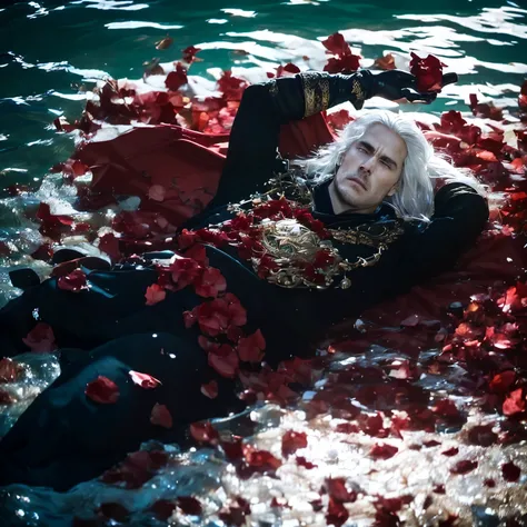 create an ai-generated image depicting the death of rhaegar. lying in the water. his corpse half sunk in the water. his platinum...