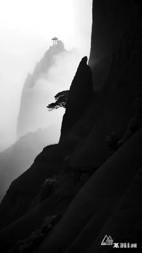 Arafad landscape with a lone tree on the mountain in fog, Fan Hao Photography, shadow. asian landscape, by Xia Yong, National Geographic Photography Award, by Wu Wei, by Ren Xiong, by Zheng Xie, by Cheng Jiasui, black and white photography, black and white...