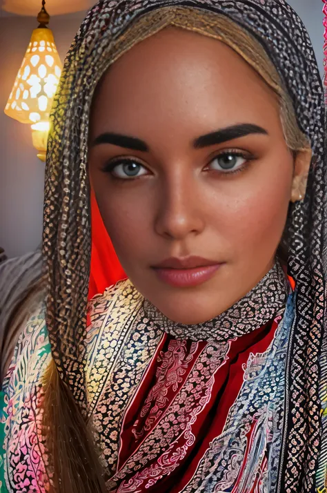 photo of alluring beautiful woman, curvy, sparkling, bright eyes, long braids, moroccan flag waving (masterpiece) (best quality)...