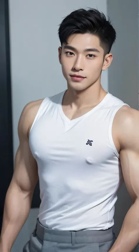 masterpiece, best quality, 1 boy, Asian men, East Asian, one person, Muscles are well proportioned,  posture, Short hair details，The face is very delicate，smilingly, White teeth, White shirt，Half dip，The chest muscles are clearly visible, gym background, R...