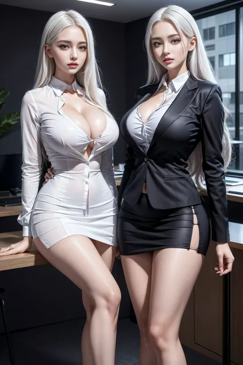 (2 girls), fair, amazing face and eyes, long white hair，cosmetic, (Extremely detailed fair face), (The sexiest look), (fair big breasts:1.1), (best quality:1.4), (super detailed), (Extremely detailed CG unified 8K wallpaper), Very detailed, original photo,...