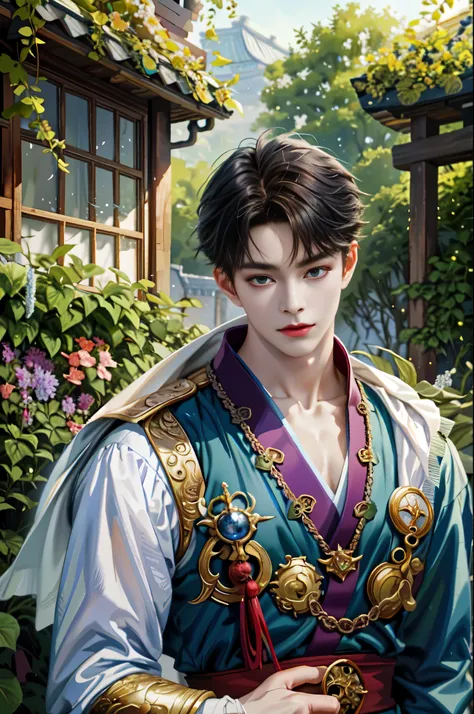 a painting of a man in a green and blue outfit, handsome guy in demon slayer art, beautiful androgynous prince, delicate androgynous prince, inspired by Zhang Han, inspired by Bian Shoumin, beautiful character painting, yanjun chengt, by Yang J, cai xukun,...