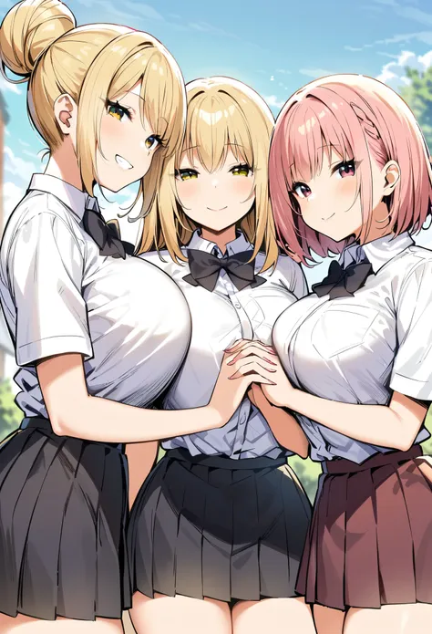 masterpiece, best quality, highres, jk,huge tit,3girls,black bow,black bowtie,blonde hair,bow,bowtie,breasts,hair bun,holding ha...