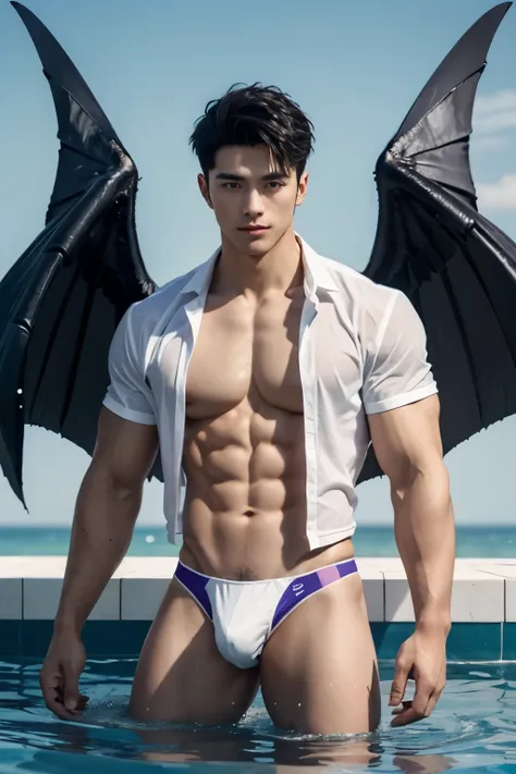 handsome male,muscular,purple eyes,shirtless,wetclothes,white shirt, white micro thong, blessedtech,blessed,aura,wings,head wings,