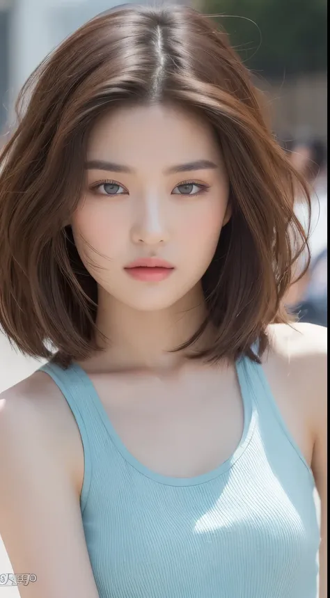 ((Best quality, 8k, Masterpiece :1.3)), Sharp focus: 1.2, Perfect Body Beauty: 1.4, Slim Abs: 1.2, ((Layered hairstyle: 1.2)), (Tank top shirt:1.1), (Street: 1.2), Highly detailed face and skin texture, Fine eyes, Double eyelids