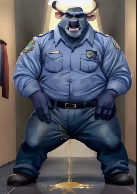 disney zootopia chief bogo full body omorashi pissing in pants wet_pants urine soaked pants still clothed urine dripping on leg down the floor wet urine patch in groin area