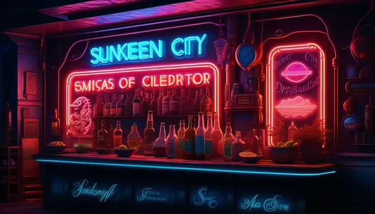 sunken city neon sign, Dim pub text around beautiful cherry blossom glow, The sunken futuristic city is submerged in the deep sea, Beautiful details shine, Spectacular atmosphere of the deep sea, Magnificent azure rune glow fantasy atmosphere text, Essence...