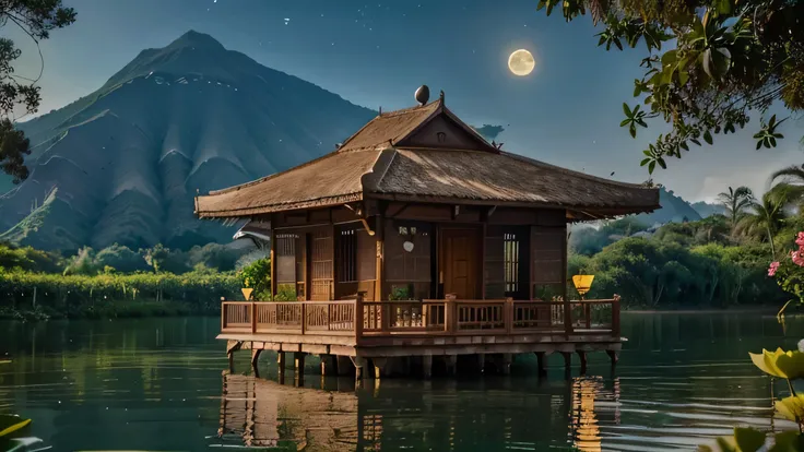 A place which is full of rose flowers different types of butterflies, dragon flies, birds and coconut trees, fruit trees in between there is a beautiful wooden house and beside of it there is a lake with sand like a beach in the lake there are plenty of Lo...