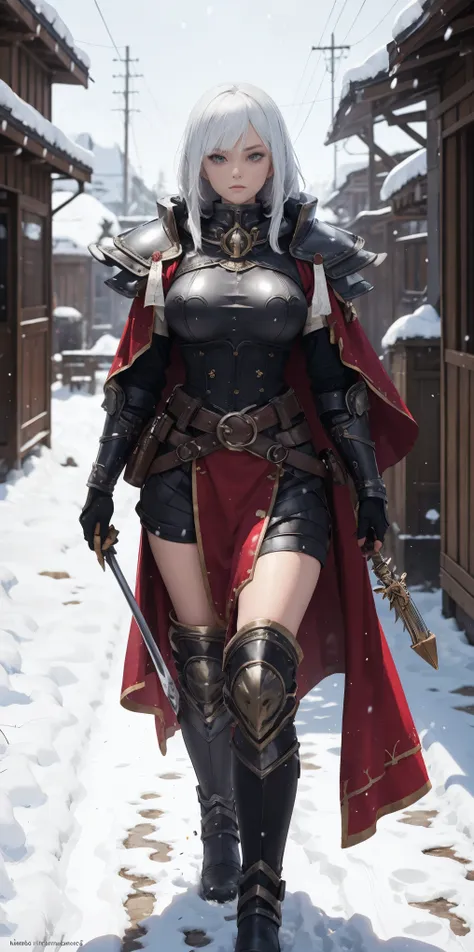 full body standind straight symmetrical, FEMALE warrior princess, big belt around waist, hair, very white skin like snow, wearing full heavy armor red cape, brown leather boots, adventurer outfit, veteran warrior milf bimbo