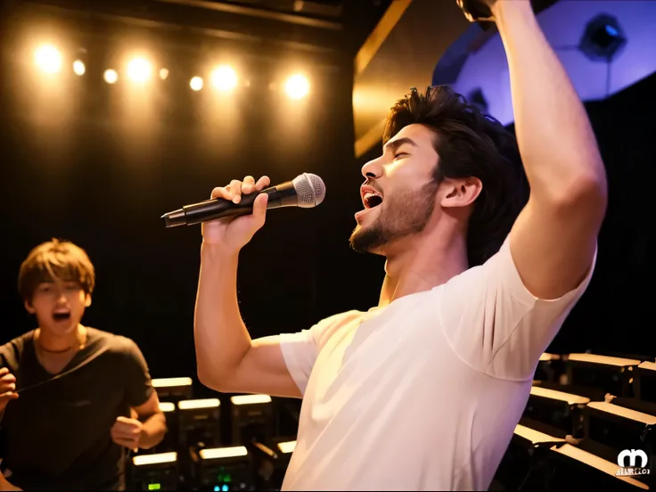 A man practicing a cappella in a recording studio、realistic mouth、A hyper-realistic、Put your hands on your stomach、sings、from the nose down:2.0、solo