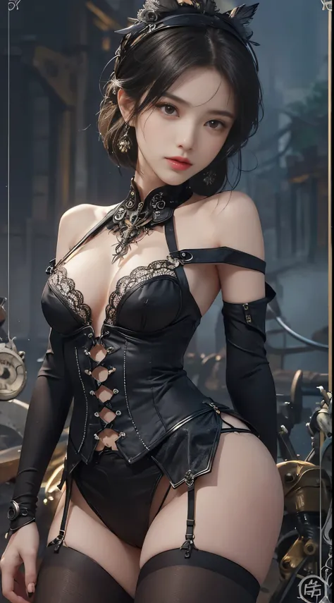 (((masterpiece, highest quality, Super detailed))), 1 female, (((very thin body))) , (((length, thin legs))), (((black short bob, thick fluffy bangs ))), (((highly detailed face))), No cosmetics, small and thin nose, thin mouth with small lips, (((Very sha...