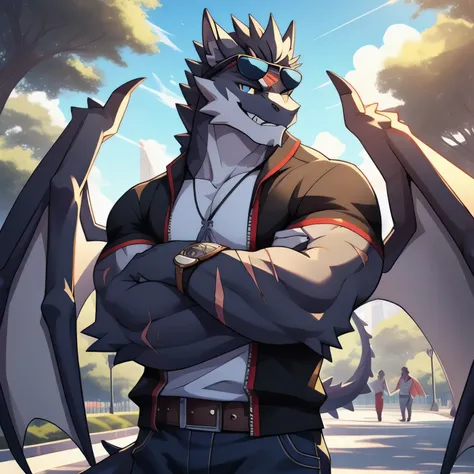 masterpiece,cool pose, black dragon, muscular body, crossed arms，There are scars on the face，He has wings on his back，wearing sunglasses,Gray medium hair, teeth, casual wear, casual wear, strongly, OK, cool pose, park background.There are dragon wings，Cute...