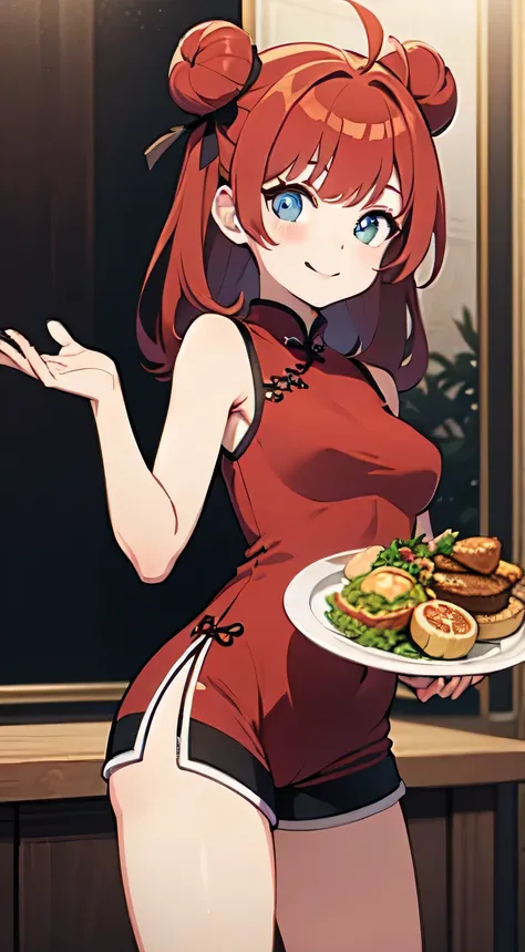 young girl, Long red hair, Two buns, smile, blue eyes, Chinese sleeveless dress, Shorts, A tray of food, Masterpiece, hiquality. nsfw