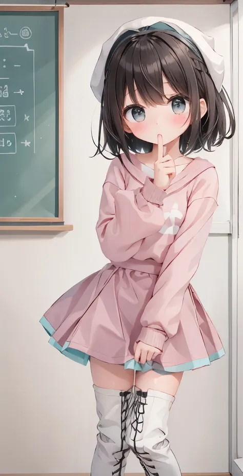 girl with short dark hair，shy，blush，turquoise sweatshirt，pink skirt，white knee socks，black boots，classroom scene，for the audienc...