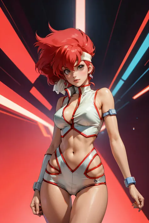 Kei from The Dirty Pair, , wearing a tight outfit, skimpy, medium breast, red hair beauty, cyberpunk city background, holding retro space-gun, headband, slim waist, slim thighs, thigh gap