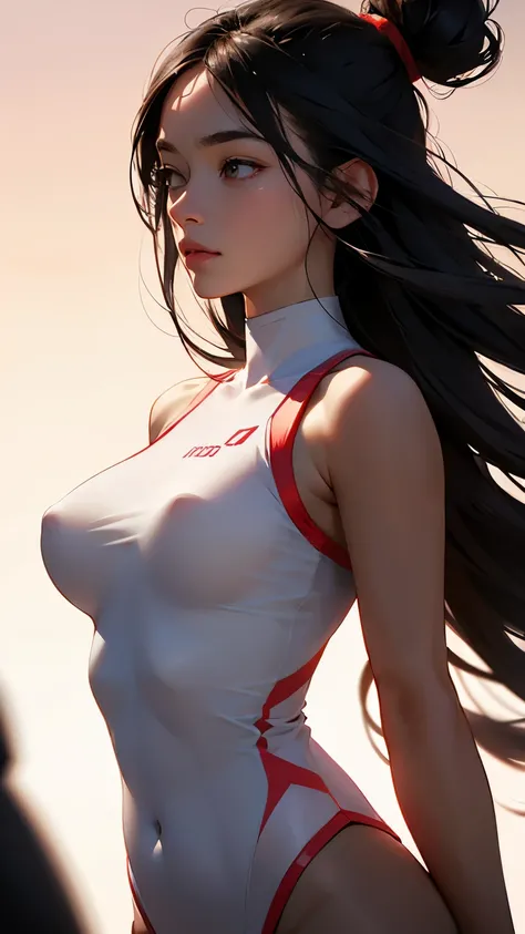 breast, straight hair，477631，transparent clothes，intimate clothing、Sporty minimalist style，fuzzy form，female beauty，Light red and light black，close up，soft gradient