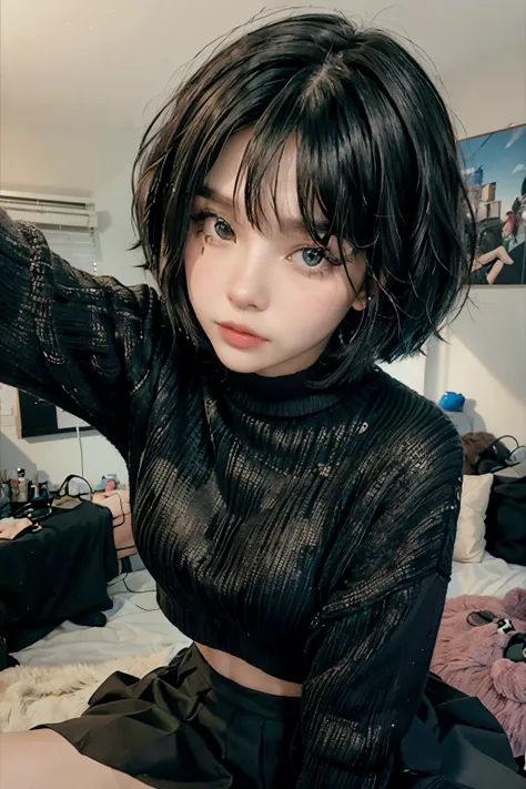 1girl, solo, (((close-up selfie))), black bob haircut, wearing oversized sweater, black skirt, in her room