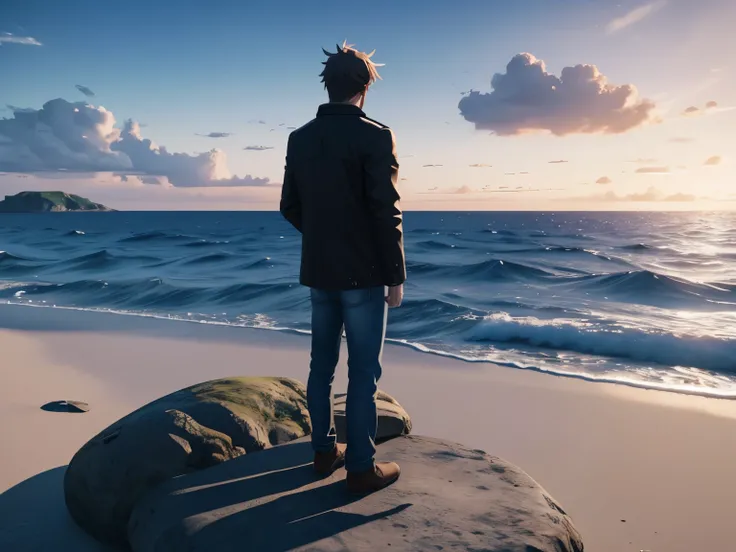 A man standing looking away to the sea,low angle, blie sky and white clouds,3d anime