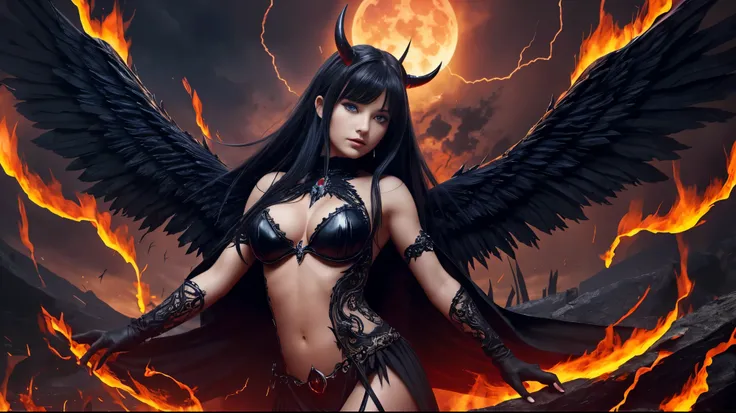 Ultra-detailed French girl, 15 years ago, angel, Fallen angel, Black angel, 2 big wings, Black feather, beautiful breasts, (blue eyes), showing great cleavage, darkness, Evil creature, skull, Black thorn hair ornament, Blood red roses, Dark red clothing  ,...