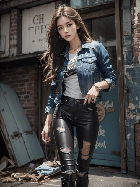 highest quality, masterpiece, realistic pictures, rock band、Leather riders jacket、Denim Jacket、white undershirt、vintage denim、distressed denim、laminate pants、Super tight pants、attractive leg lines、long legs、 light brown hair、old broken brick building、cheek...