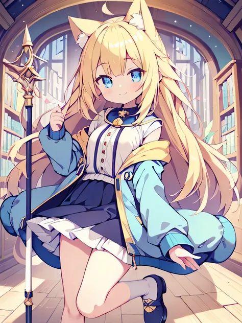 1girl, long beautiful blonde hair, glowing blue eyes,   body, a little smile, oversized jacket hoodie outfit, short skirt, cute girl, flats chest, magical library background, holding a staff, cat ears and cat tail, hair bangs covering ears 