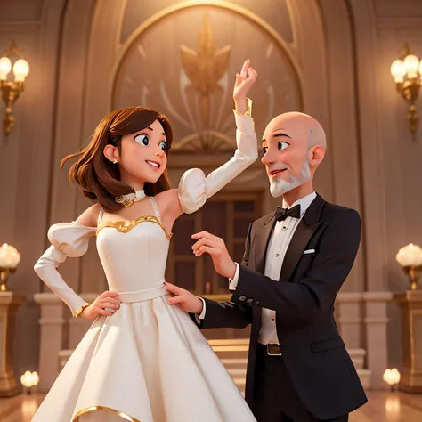 Mesmerizing scene, in which bald, thin man with a medium-length beard, dressed in a tuxedo, and a stunning woman with charming brown hair, dressed in a sky white dress. They dance passionately to the music, their eyes look lovingly. Men reciprocate, creati...