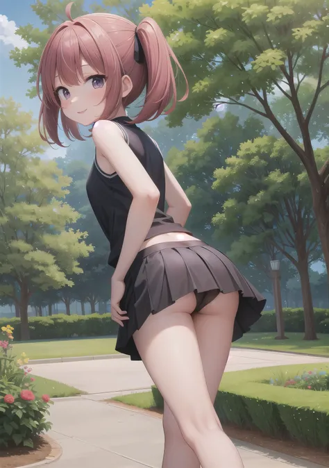 at the park, back view, big butt:1.2, stick out one&#39;s butt, show panties, mini skirt, 1 girl, alone, smile, looking at the viewer,, masterpiece, 最high quality:1.4,high quality, be familiar with,