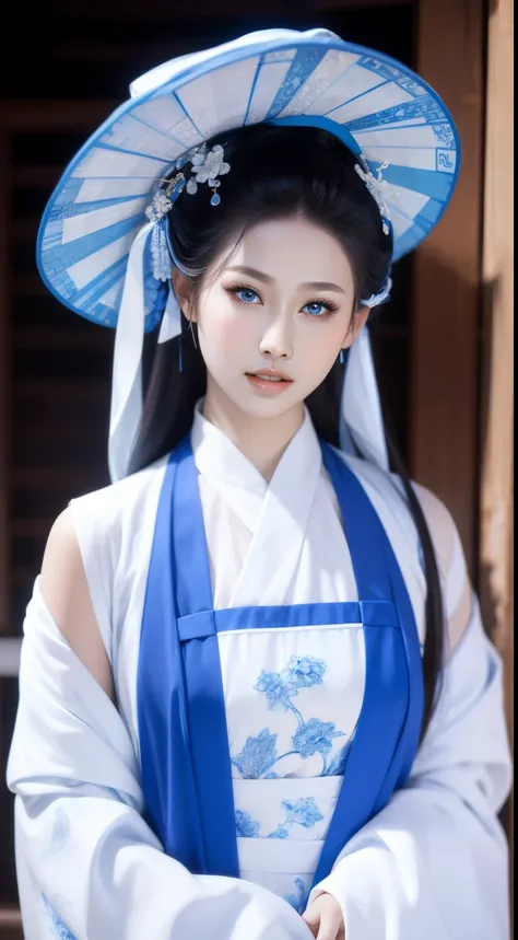 Blue and white porcelain style，Chinese clothing，The clothing is blue and white themed，Chinese art style，fashion model 18 years old [[[[Close-up cleavage]]]], [[[[]]]], [[[[Cole]]]], [[[[bshoulder]]]], perfect eyes, perfect iris，perfect lips，perfect teeth，P...