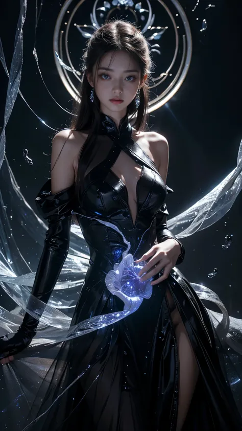 Full figure, seven -clinging shooting, 18 years old, wearing transparent science fiction dress, exquisite faces, details, hands, ultimate details, amazing magnificence, LED internal lighting, Pedaipan style, fiber hair, glowing black iris, glowing black ir...