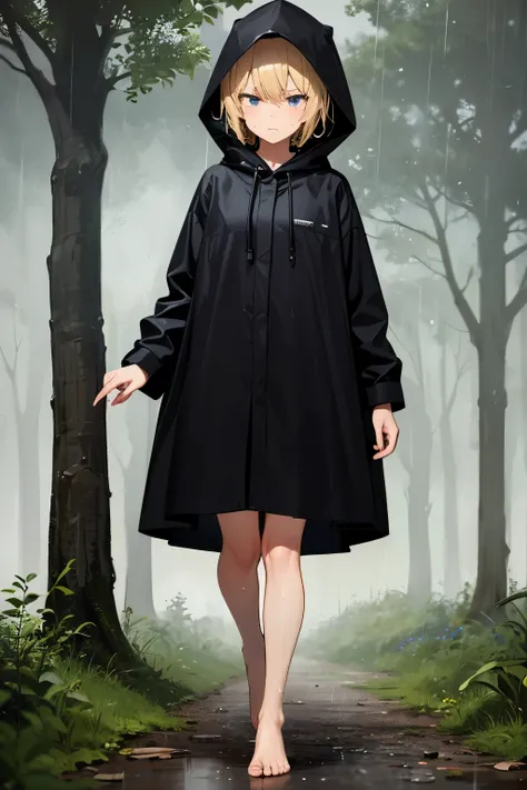 forest,rain,soil,fog,cloudy,1 girl,blonde,wear a black hood,black long raincoat,barefoot,walking,serious face,Sweat,wet