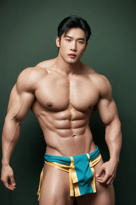 best illustration, best quality, Magnificent Background, a muscular, wealthy and sexy asian man wearing a thai traditional loincloth. The man has a sculpted physique and is clearly in good shape. He is wearing a loincloth that reveals his muscular buttocks...