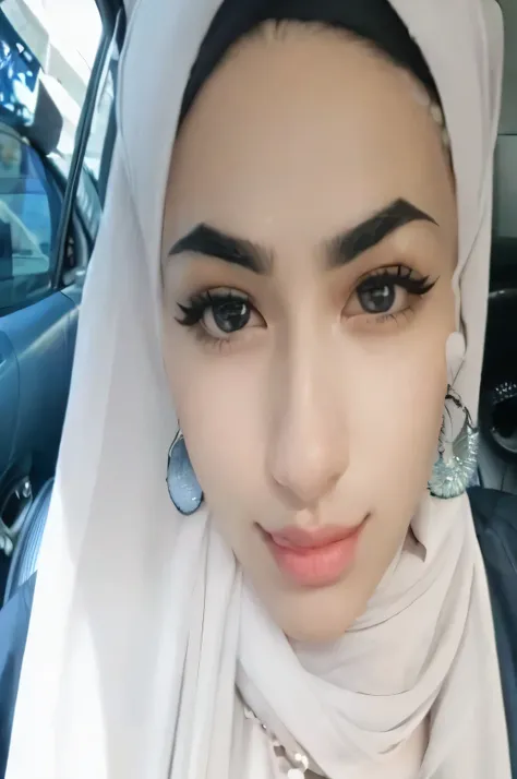 there is a woman with a scarf on her head and a car, large eyebrows, thick eyebrows, big eyebrows, small eyebrows, big bold thick eyebrows, beuatiful face, beutiful face, thin eyebrows, straight eyebrows, bushy eyebrows, longer eyebrows, malaysian, large b...