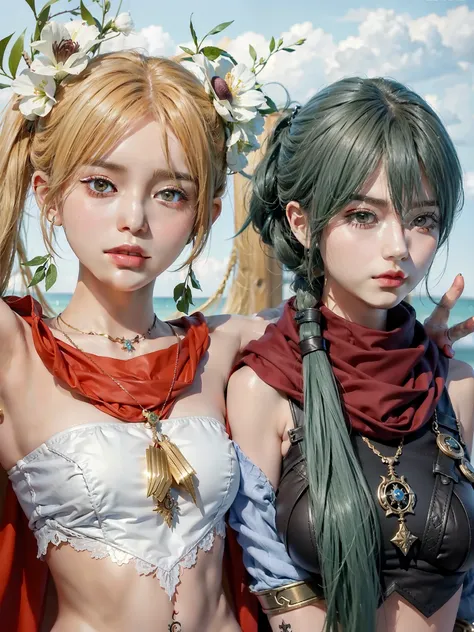 personnages d&#39;anime girls with long hair and tattoos standing next to each other, style final fantasy 14, nixeu et sakimichan, lineage revolution style 2, Final Fantasy XIV, jeu de style square enix, Sakimichan et Frank Franzzeta, <MMORPGS scene, Style...