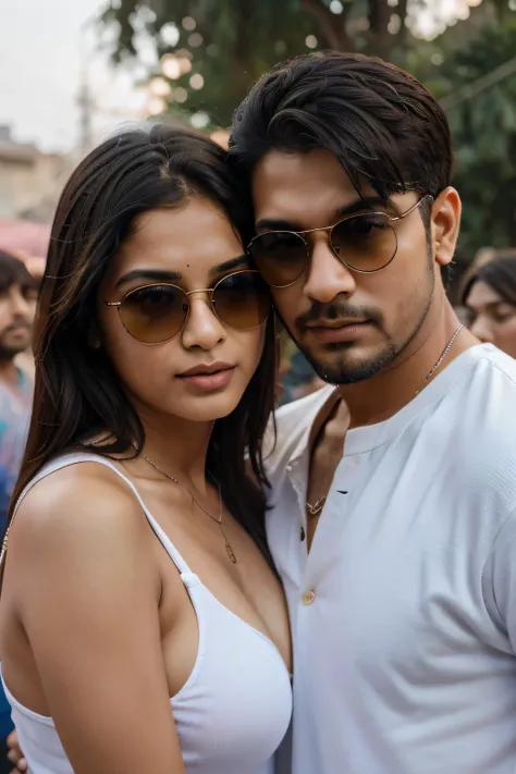 Indian couple 25 year old man and her sexy Russian girlfriend)),(apic couple photo),(man has round face, mastishk thick beard sharp cutting hair, blue sunglasses,[ wearing - white Kurt pajama] [ Holi gulaal colour on his clothes and face ] ,[playing with m...