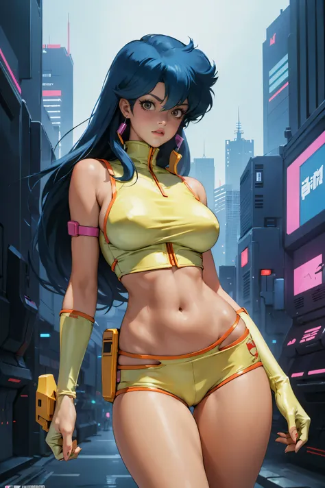 Yuri from The Dirty Pair, , wearing a tight outfit, skimpy, medium breast, (long hair), dark blue hair, beauty, cyberpunk city background, holding retro space-gun, slim waist, slim thighs, thigh gap, (light yellow uniform), show belly